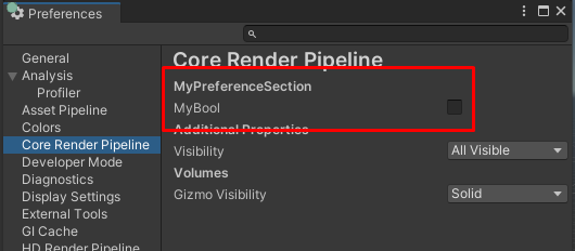 Screenshot of the Preferences window showing the new properties in the Core Render Pipeline settings section.