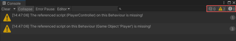 The debug bar show a count of zero messages, two errors, and zero warnings.