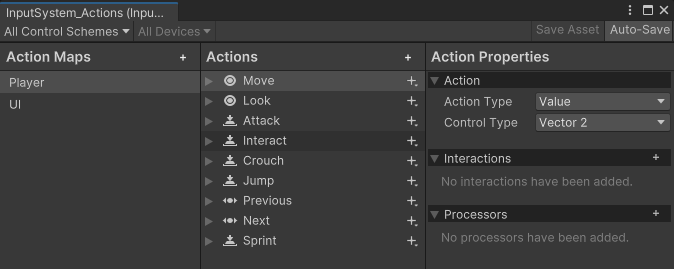 Screenshot of the Input Actions Editor window displaying the default Action Maps, Actions, and Action Properties. They are displayed in 3 columns side-by-side in that order.