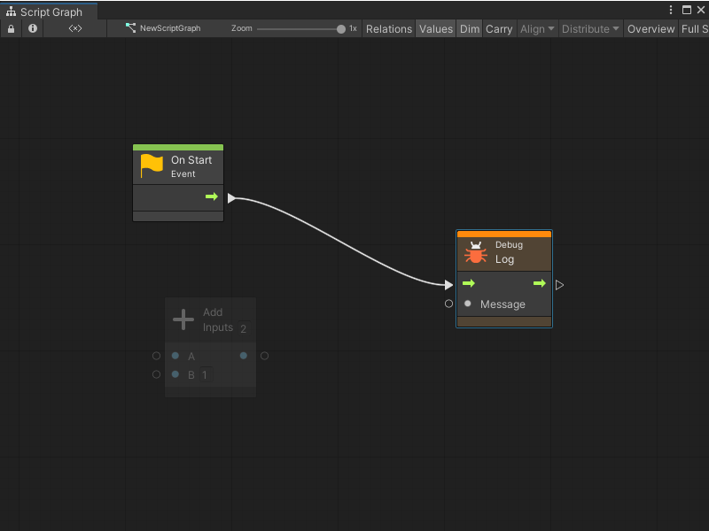 The Log node is colored orange because it's missing the Message that it should output to the console.