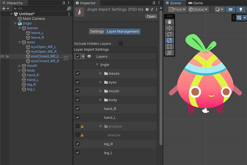 The same character sprite, but the Hierarchy window now lists the GameObjects in a nested structure.