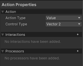 The Action Properties panel of the Input Actions Editor displays the Action, Interactions, and Processors groups expanded.