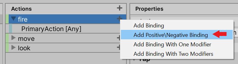 The Add Positive/Negative binding property is selected for the "fire" action on the Actions panel.