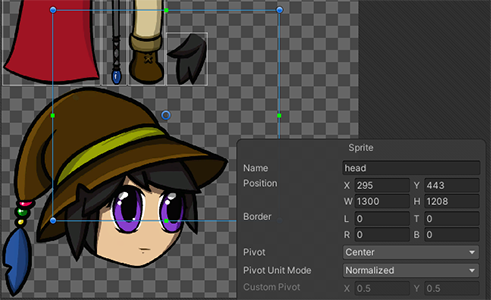 A spritesheet with the parts of a character. The SpriteRect has been dragged from the original position of the head.