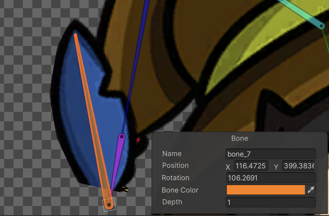 Close-up of a character's sprite with its bones visible. The selected bone is colored in orange. The sprite weighted to the bone appears in front other sprites.