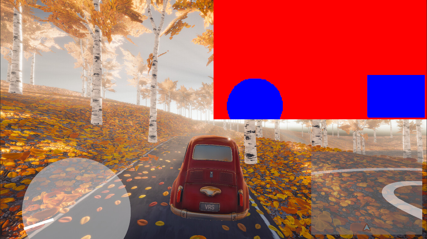 A scene with a shading rate image (SRI) in the corner. The blue and red areas represent the different shading rates of the UI and the game visuals.