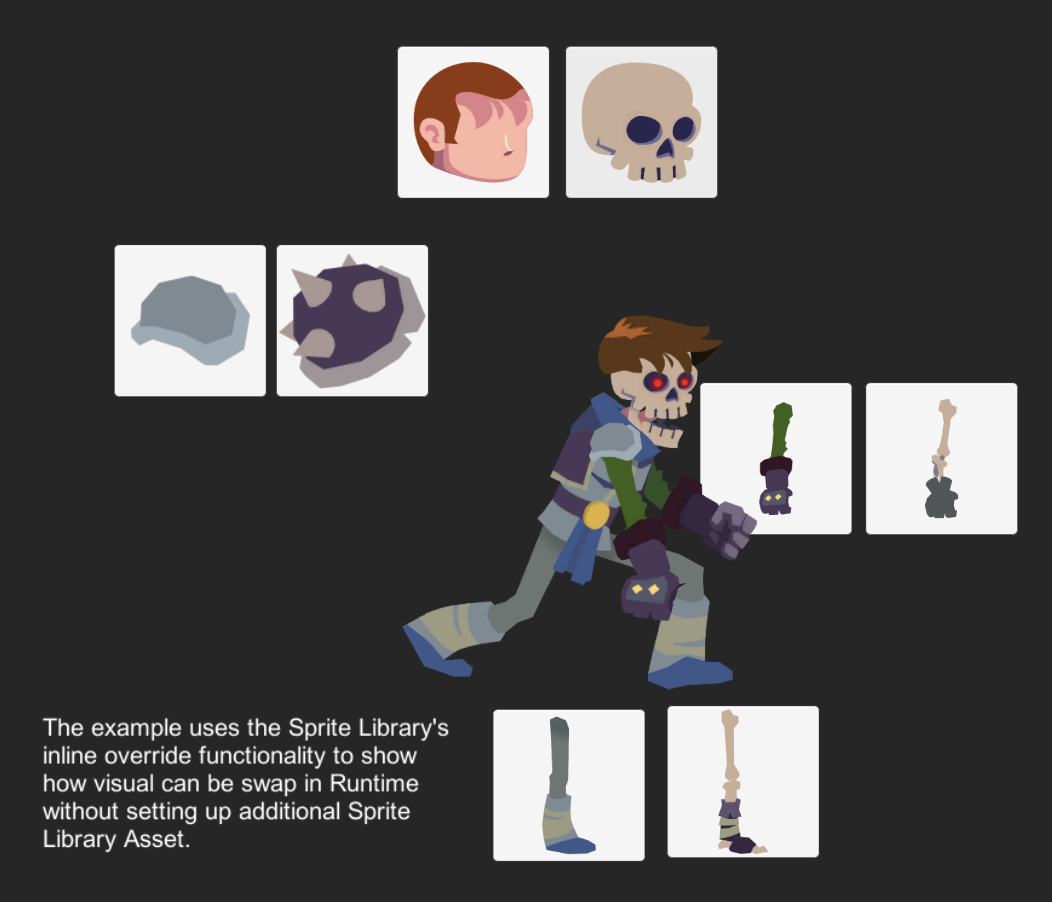 A knight character, and a selection of alternate sprites for his head, arms, and legs that convert him into a skeleton.