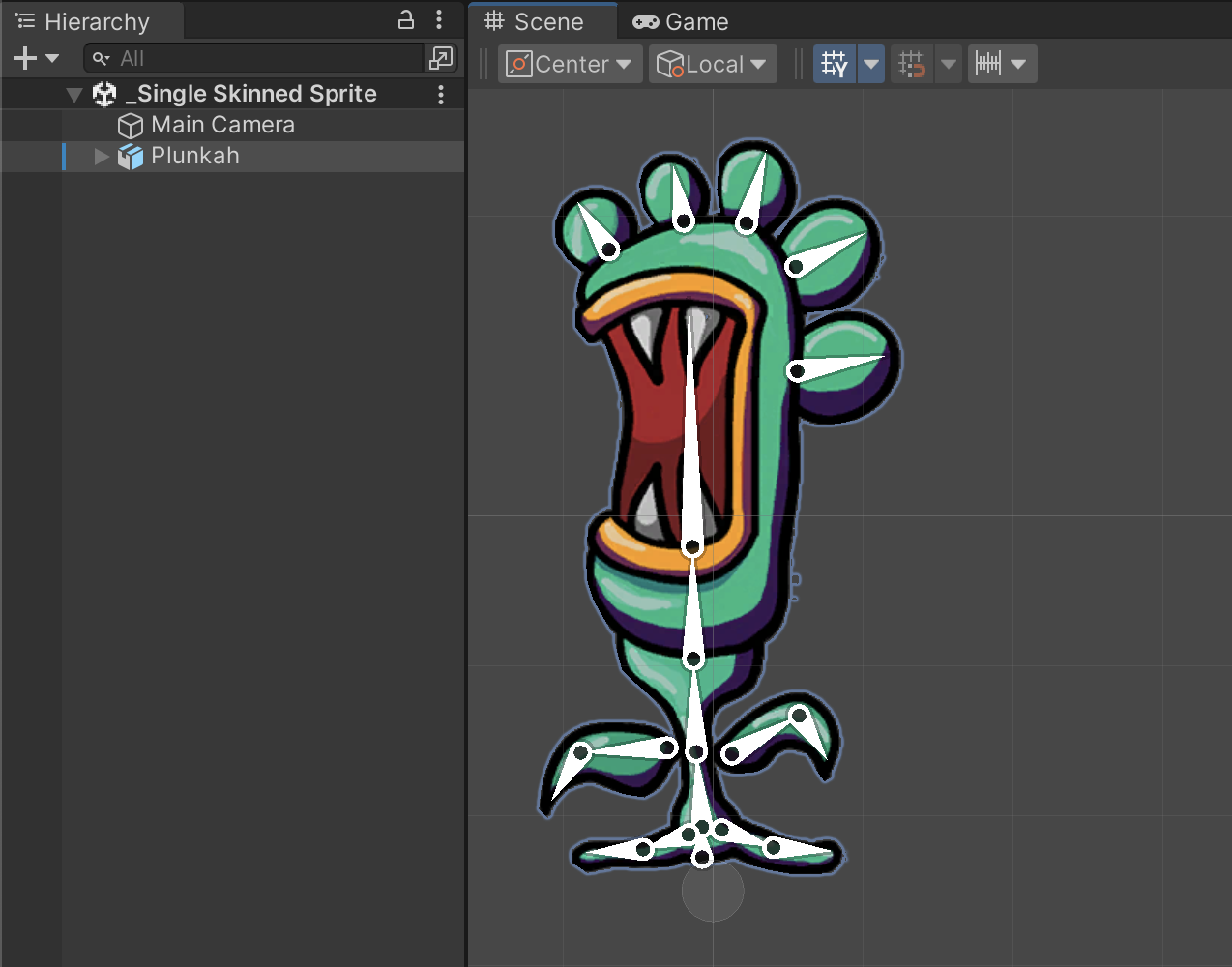 The Scene view showing the Plunkah sprite, with each bone shown in white.