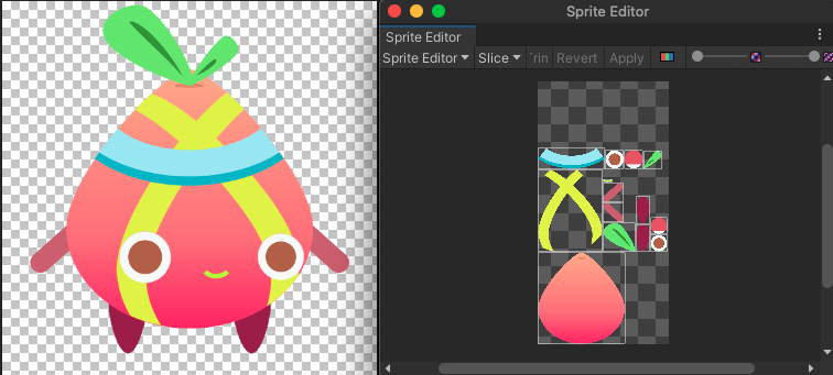 Left: A character sprite. Right: The Sprite Editor window, with the parts of the character arranged in one texture.