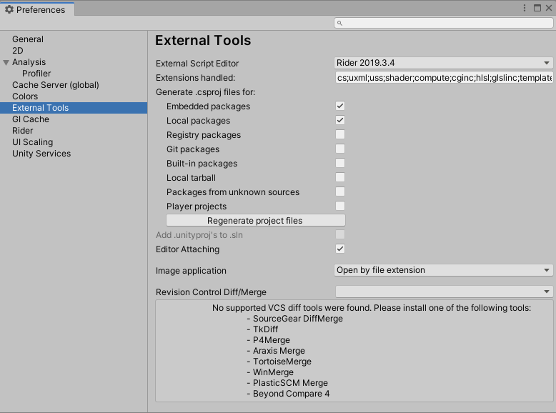 External Tools tab in the Preferences window with Rider selected as the External Script Editor.